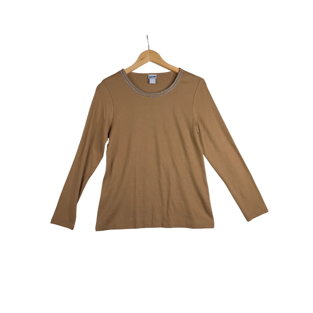 Chico's Ribbed Detail Neckline Long Sleeve Shirt size Medium‎ Brown/Silver